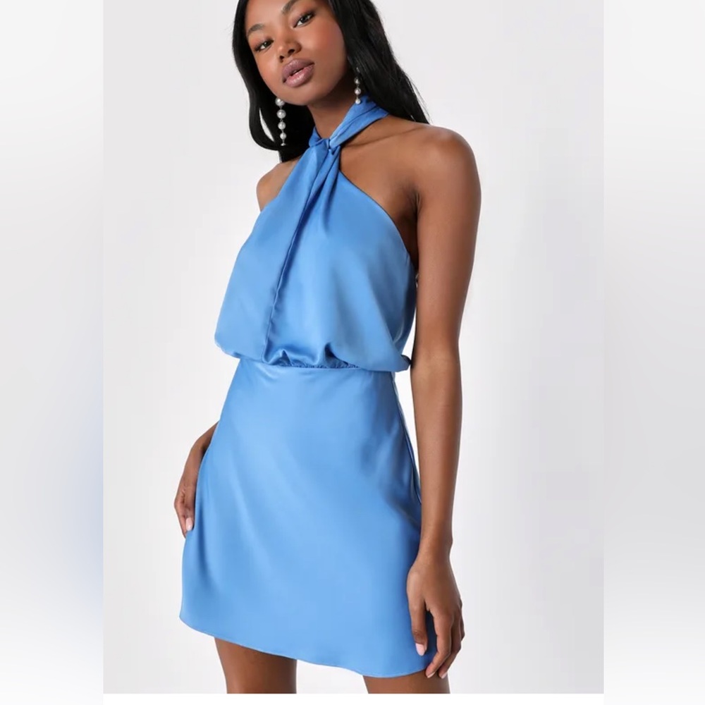 Lulus Sleek essence blue satin halter sleeveless mini dress NWT